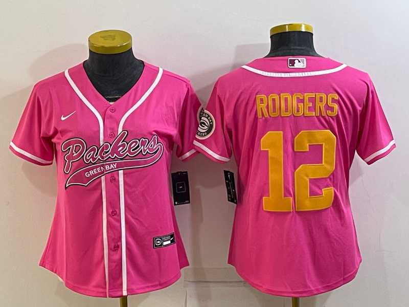 Women%27s Green Bay Packers #12 Aaron Rodgers Pink Gold With Patch Cool Base Stitched Baseball Jersey
